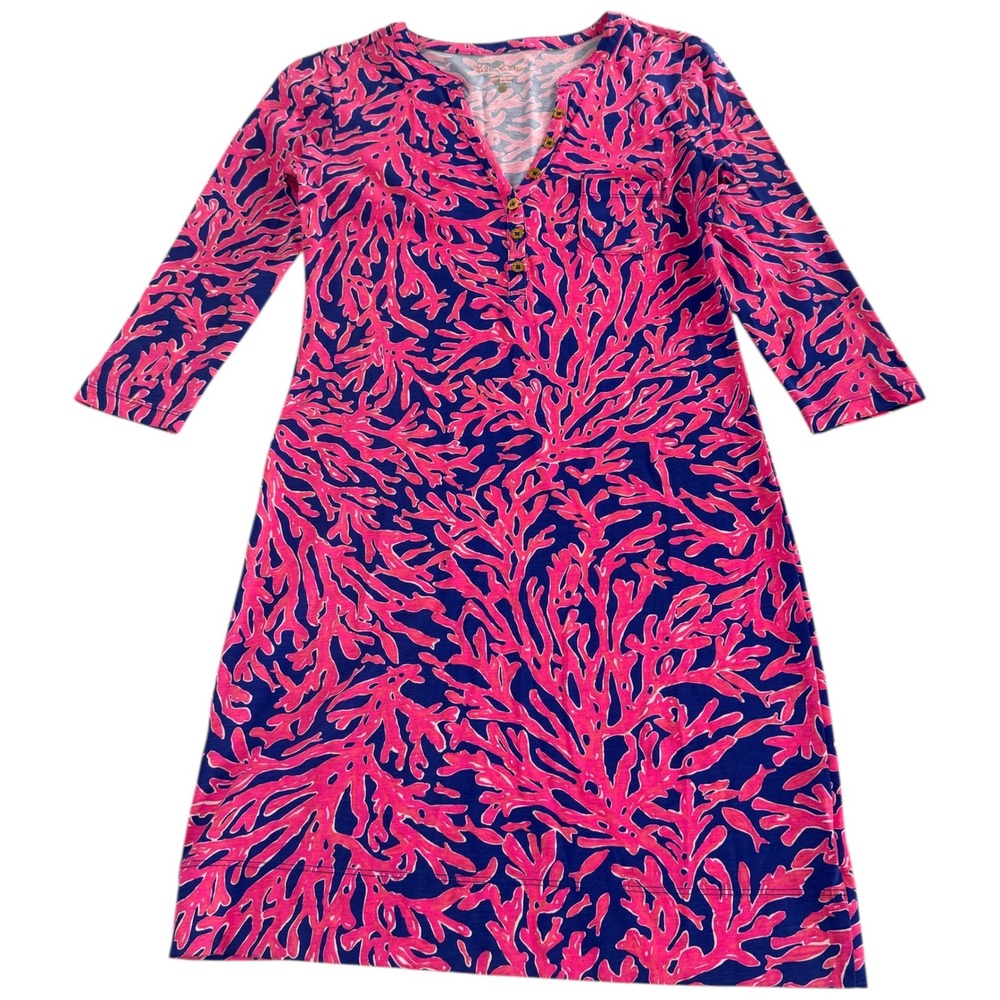 Lilly Pulitzer‎ Alessia Coral Pima Cotton Button Up Tunic Dress XS Pink Blue